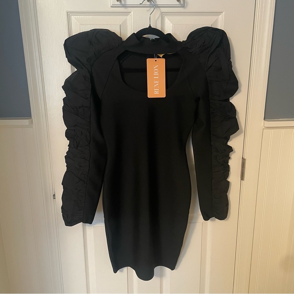 Rene Lion Black Mini Dress Puff Sleeves Women's Size 4 Luxury Party Date NWT
